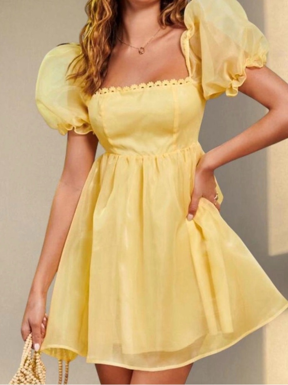 Yellow Puff Sleeve Mini Dress Bow Back Flowy Summer Cottagecore